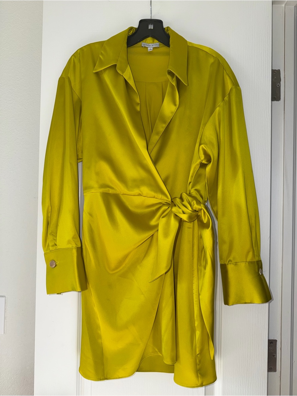 Gianni Bini Chartreuse Lime Green Wrap Satin Mini Dress
